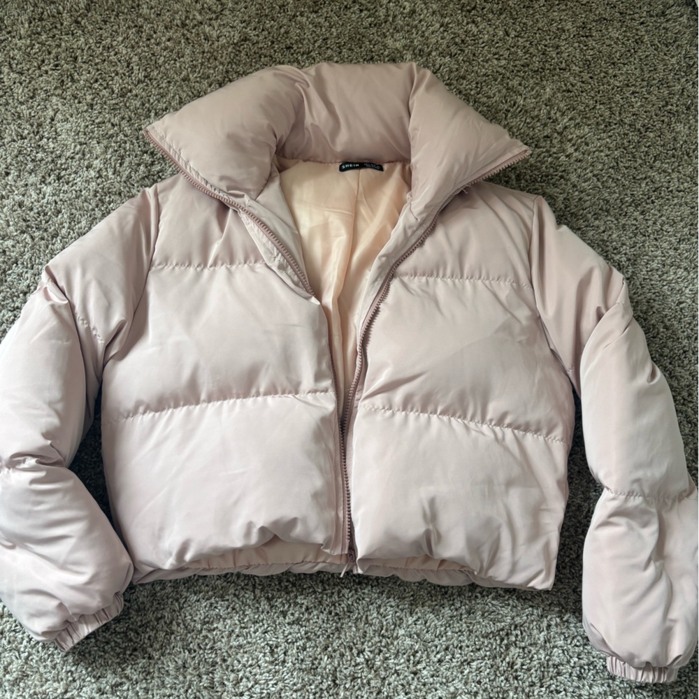 SHEIN Pink Puffer Jacket Cropped Quilted Design